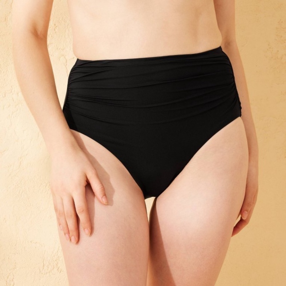 Women's Shirred High Waist Full Coverage Bikini Bottom - Shade & Shore™ Black